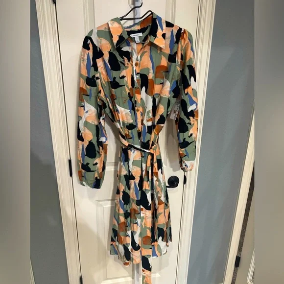 Nine West Abstract Print Tie Waist Midi Shirt Dress Size Large - Picture 2 of 6
